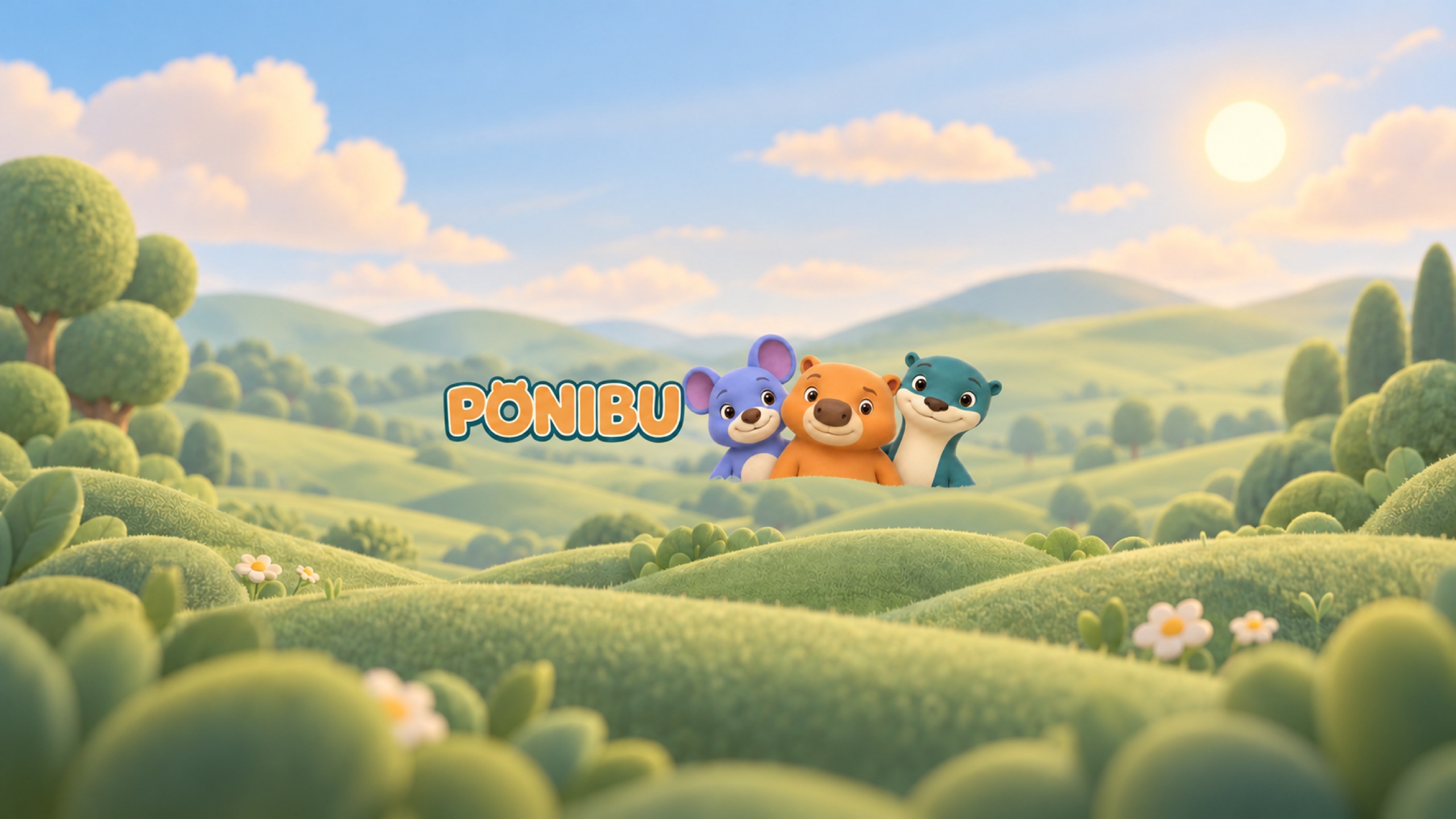 Tilun, Ponibu and Bovik peeking over soft green hills, beneath a sunny sky.